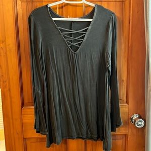 Entro gray bell sleeve criss cross blouse